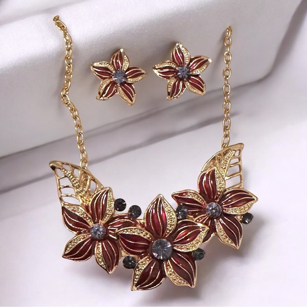 Elegant Gold and Red Floral Jewelry Set